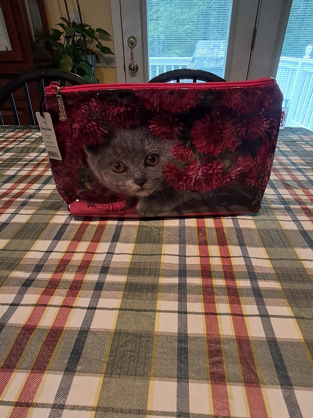 Cat & Floral Cosmetic Bag in Deep Pink